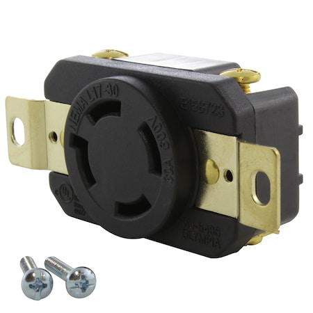 Ac Works Locking Receptacle, L17-30R, 30 A, 600V AC, Three Phase, 3 Pole, Flush Mount, Black FML1730R